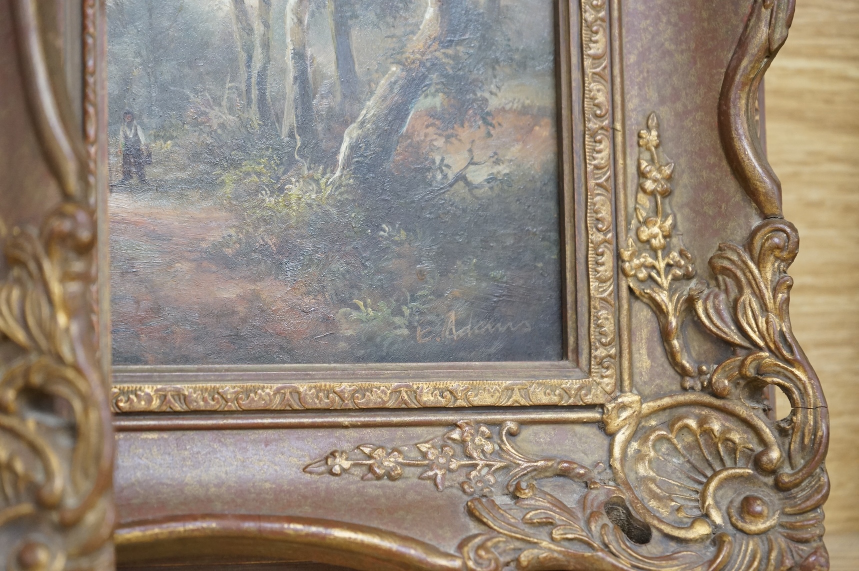 E. Adams (19th. C), Riverscape and pathway, signed, pair of oils on board, 19 x 24cm, ornate frame